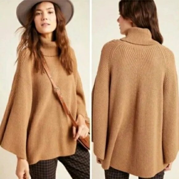 Anthropologie Women's Tan Kali Turtleneck Poncho Sweater - Size M/L Medium/Large - Picture 1 of 7